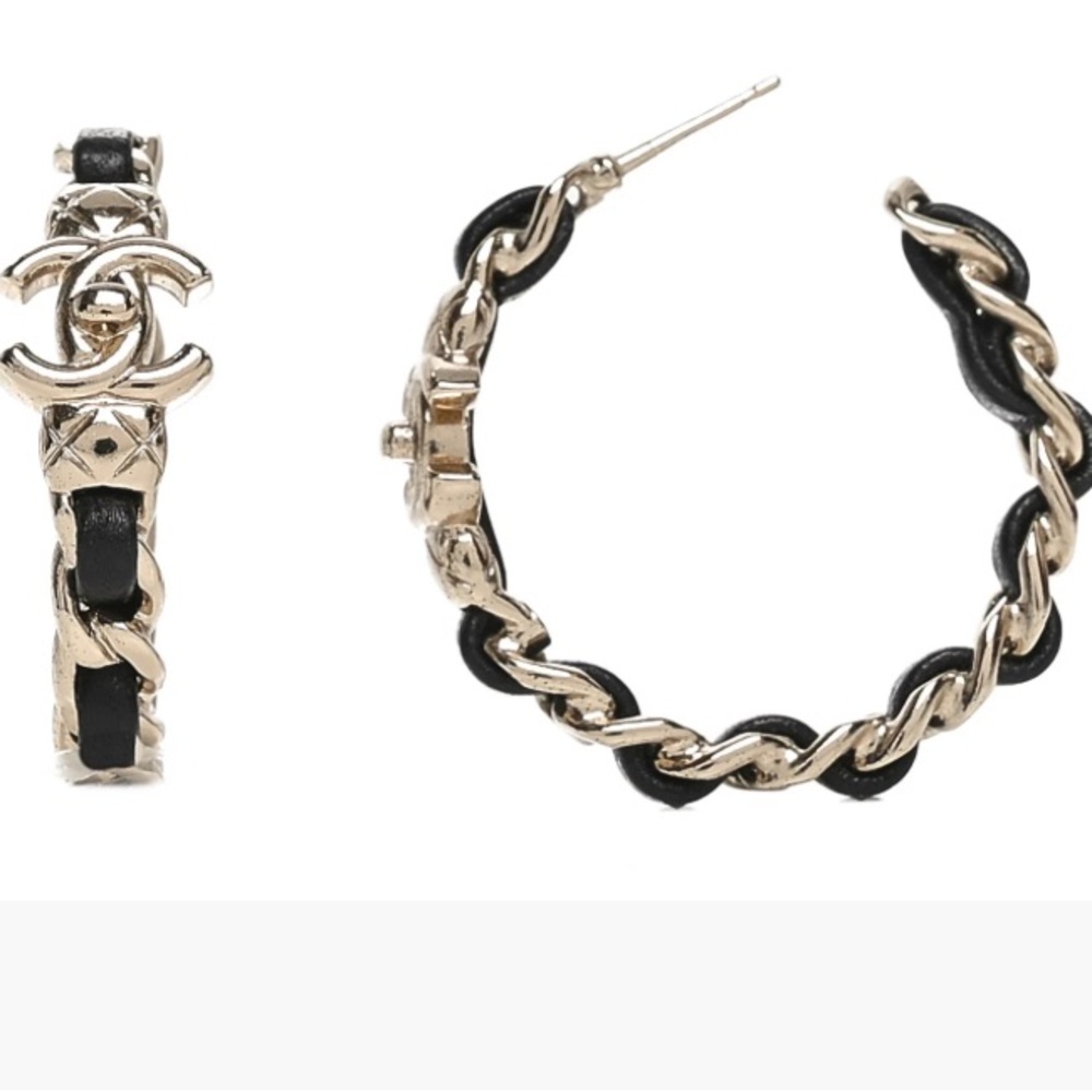 Chanel Metal Lambskin woven quilted Gold and Black Hoop Earrings - Picture 8 of 9